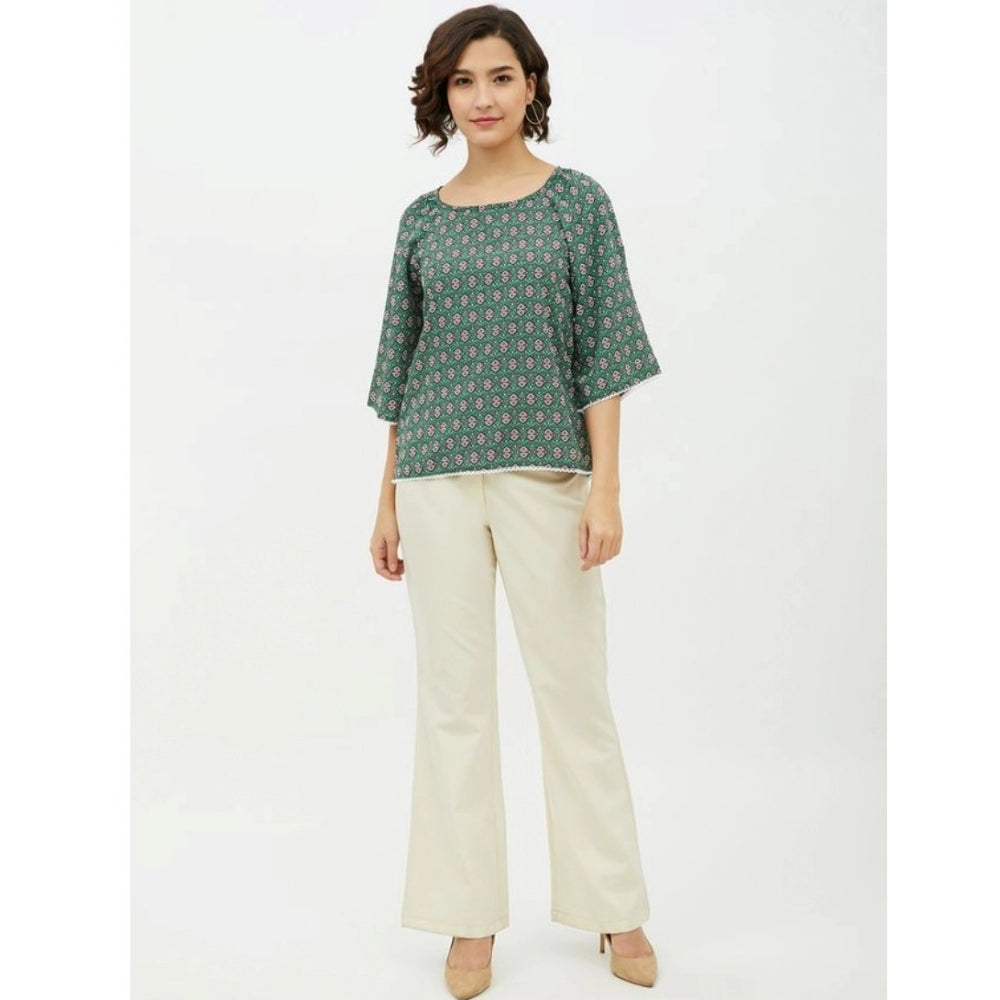 Snuggle Spot Women's Polyester Printed 3-4th Sleeves Top (Green)