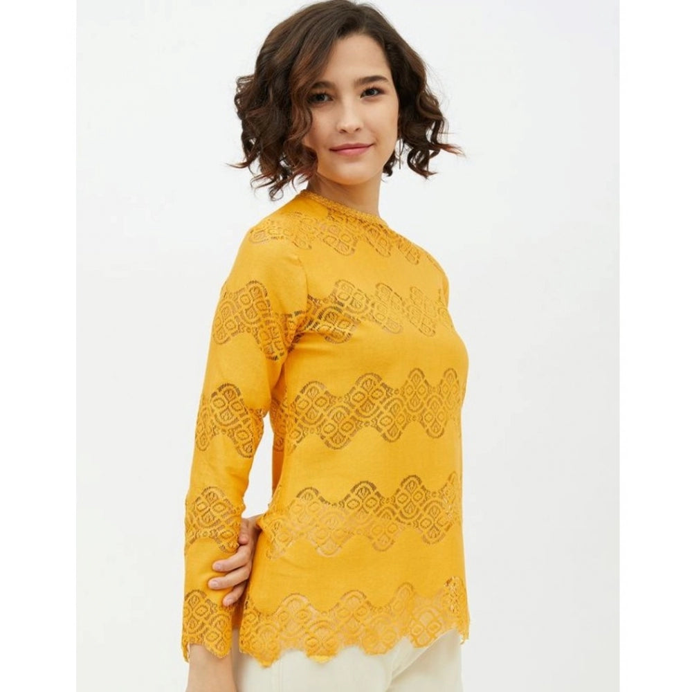 Snuggle Spot Women's Cotton Lace Inserts Long Sleeves Top (Yellow)