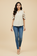 Snuggle Spot Women's Polyester Tiered Cold Shoulder Top (Beige)