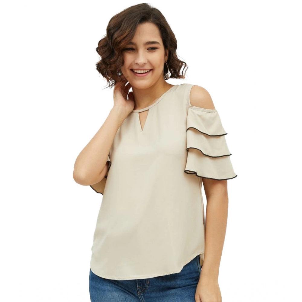 Snuggle Spot Women's Polyester Tiered Cold Shoulder Top (Beige)