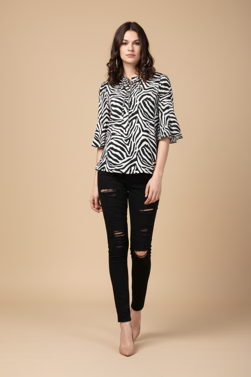 Snuggle Spot Women's Polyester Animal Print Bell Sleeve Top (Black - White)