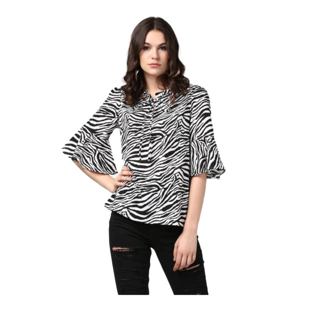 Snuggle Spot Women's Polyester Animal Print Bell Sleeve Top (Black - White)