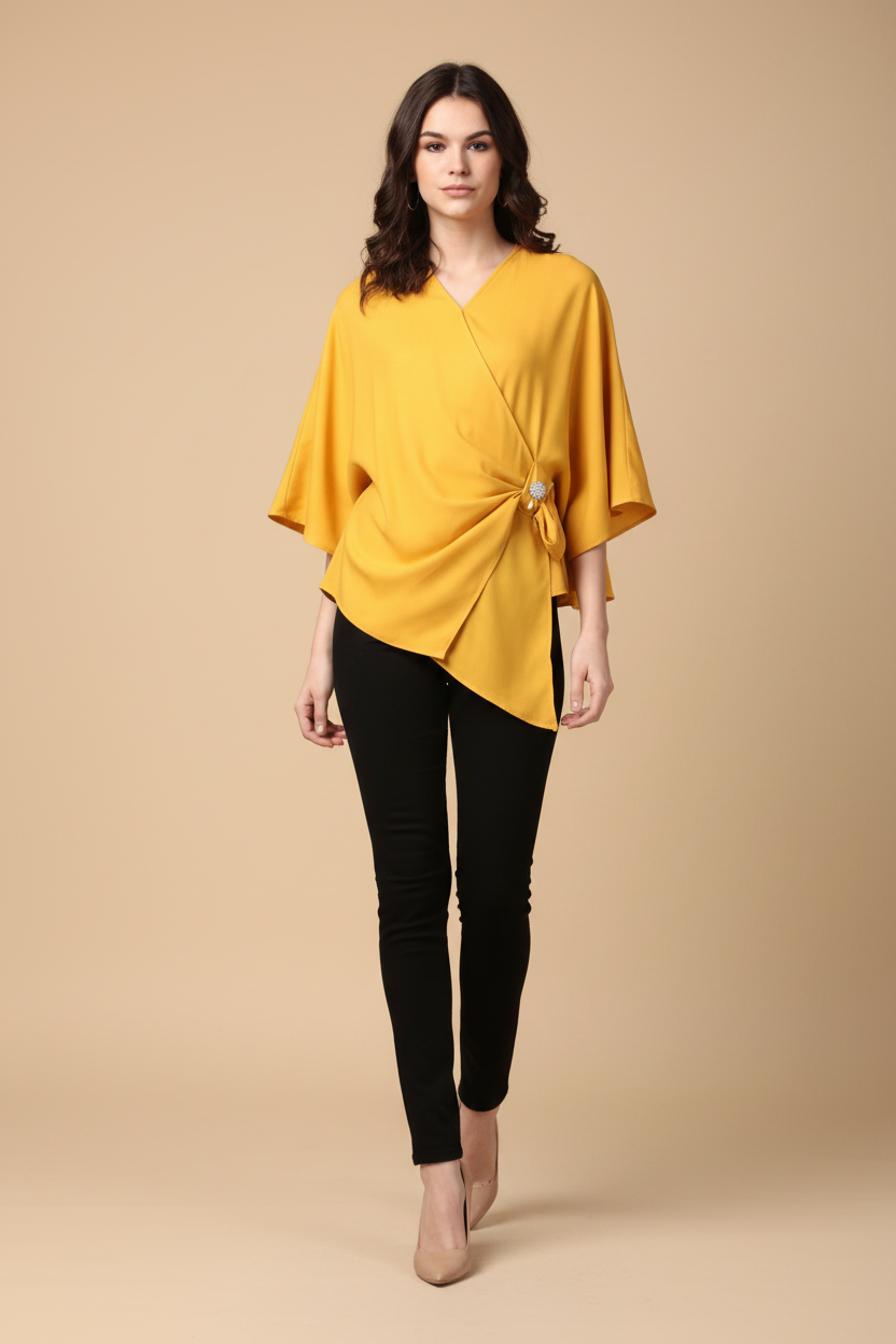 Snuggle Spot Women's Polyester Solid Cape Sleeve Top (Yellow)