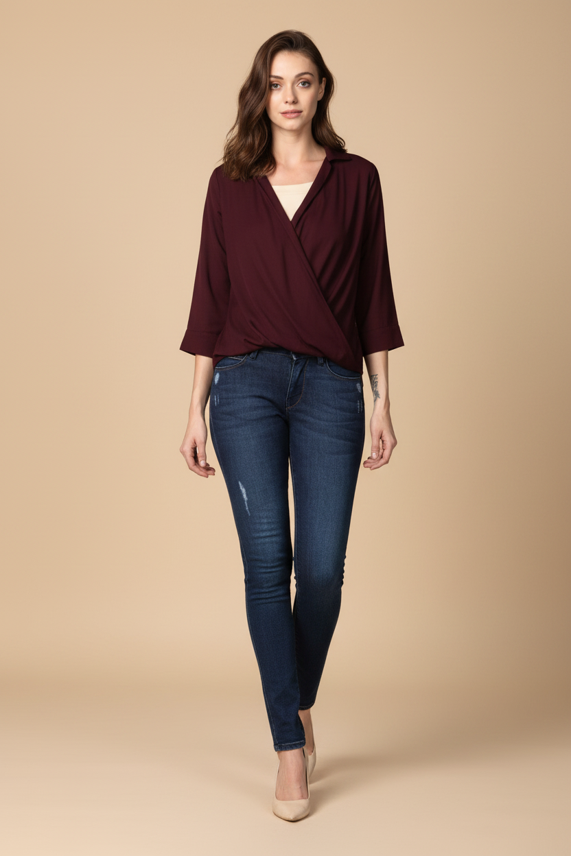 Snuggle Spot Women's Polyester Solid 3-4th Sleeves Top (Maroon)