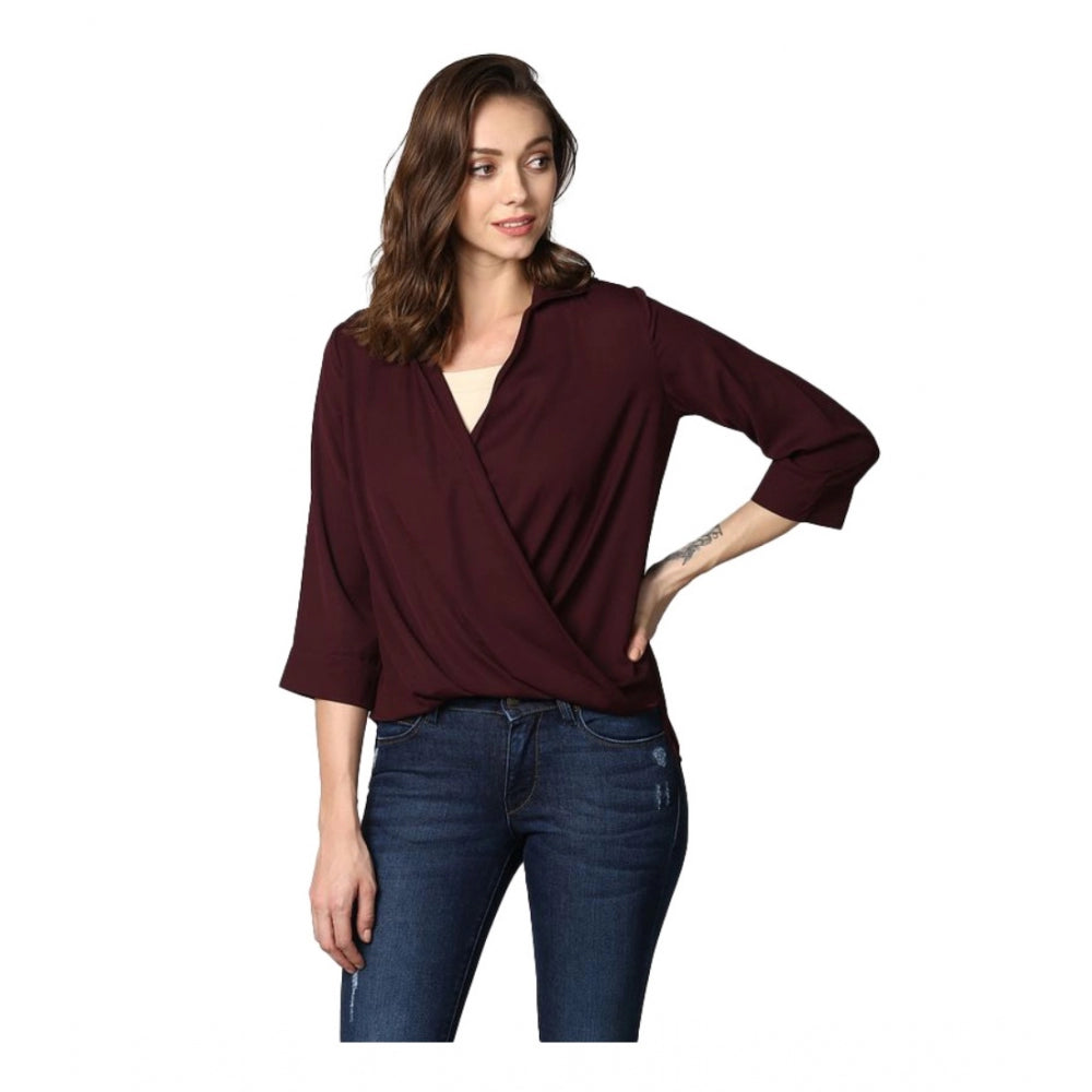 Snuggle Spot Women's Polyester Solid 3-4th Sleeves Top (Maroon)