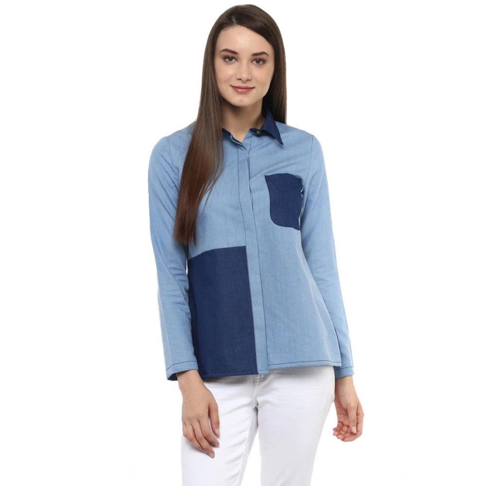 Snuggle Spot Women's Denim Patch Work Long Sleeves Regular Top (Blue)