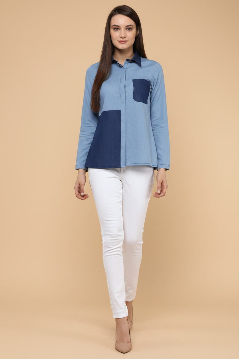 Snuggle Spot Women's Denim Patch Work Long Sleeves Regular Top (Blue)