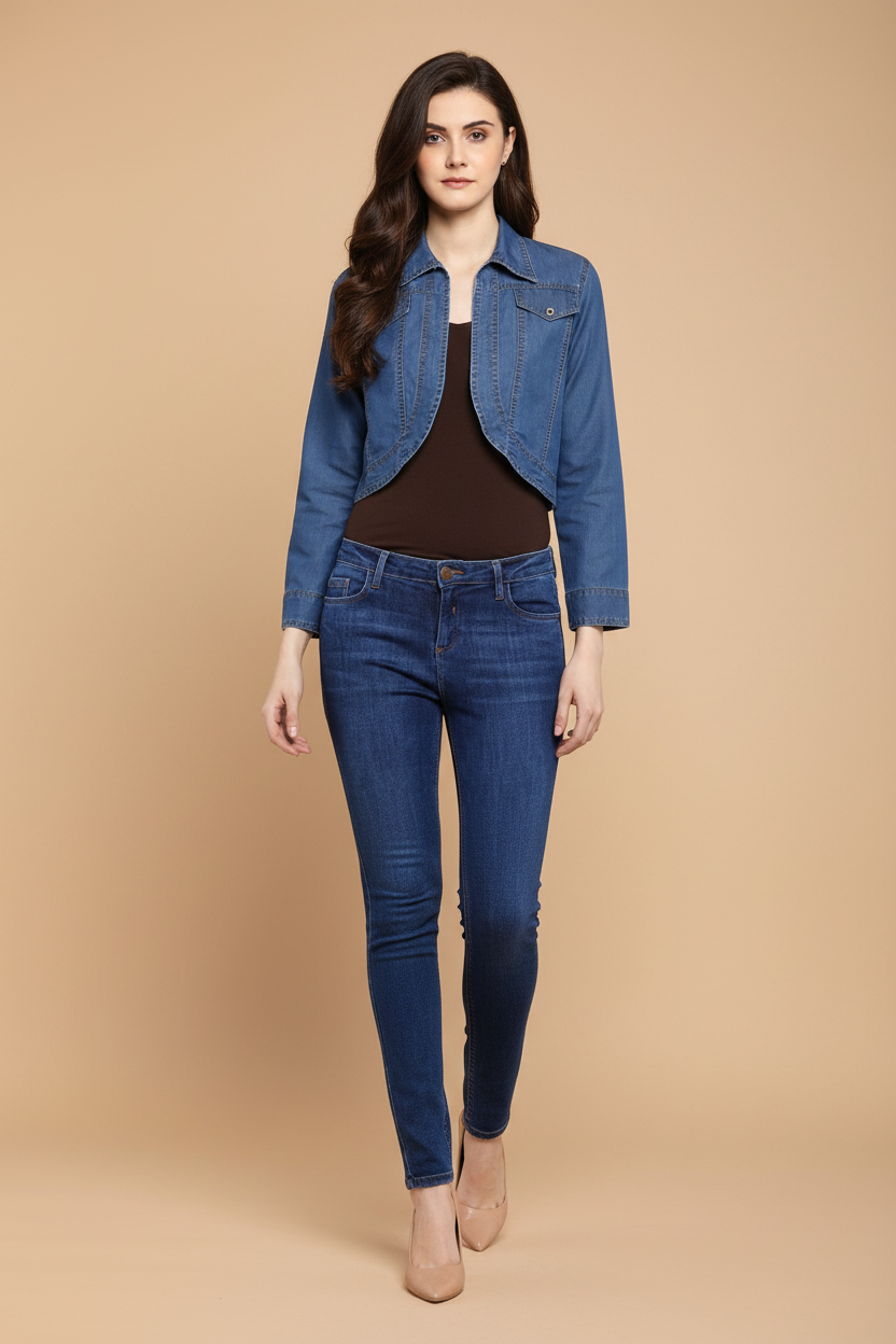 Snuggle Spot Women's Denim Solid 3-4th Sleeves Shrug (Blue)