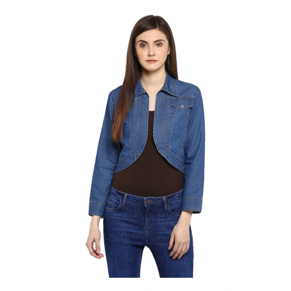 Snuggle Spot Women's Denim Solid 3-4th Sleeves Shrug (Blue)