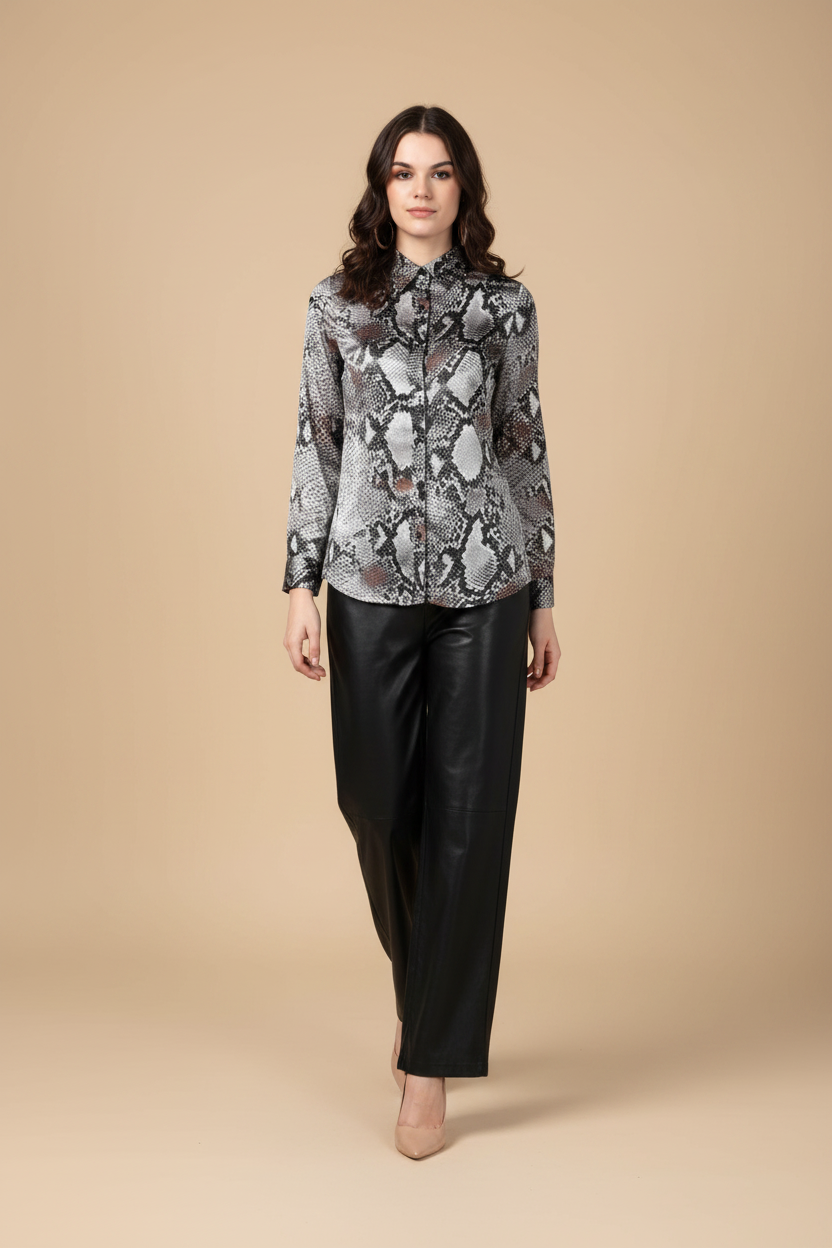 Snuggle Spot Women's Satin Animal Print Long Sleeves Standard Length Shirt (Black - Grey)
