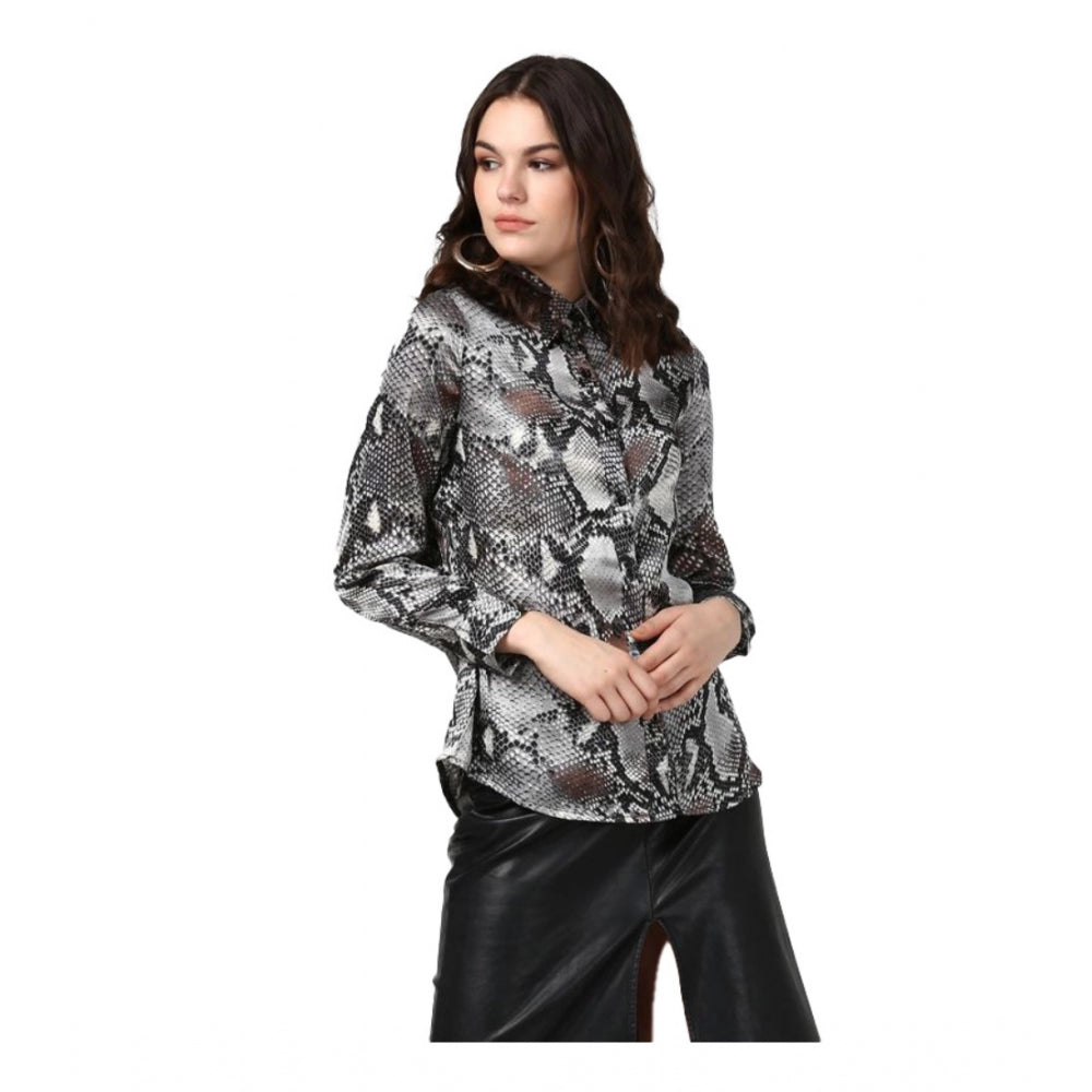 Snuggle Spot Women's Satin Animal Print Long Sleeves Standard Length Shirt (Black - Grey)