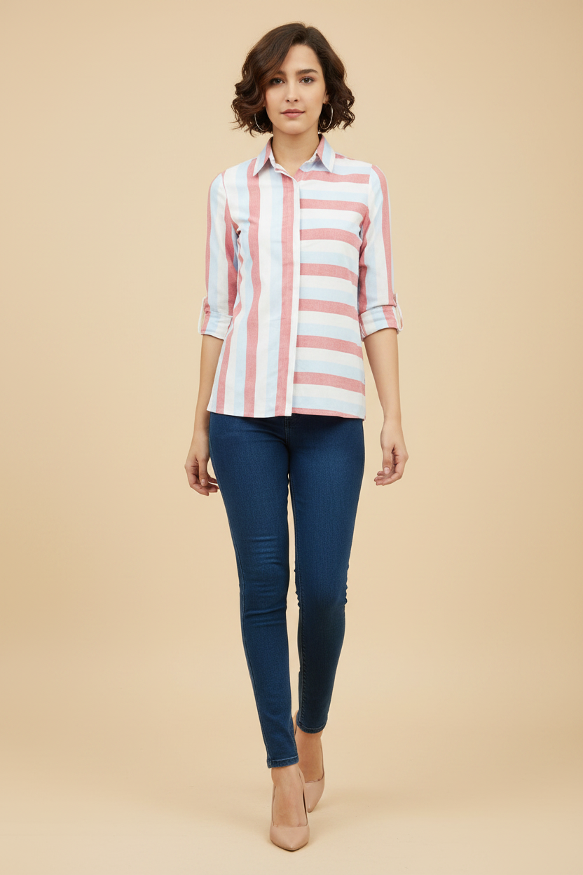 Snuggle Spot Women's Cotton Striped Long Sleeves Standard Length Shirt (Pink)