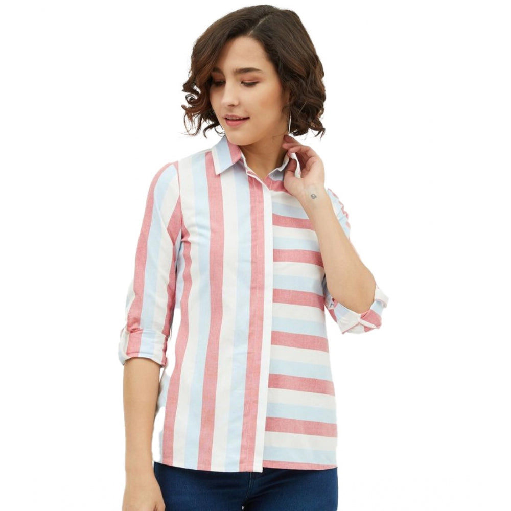 Snuggle Spot Women's Cotton Striped Long Sleeves Standard Length Shirt (Pink)