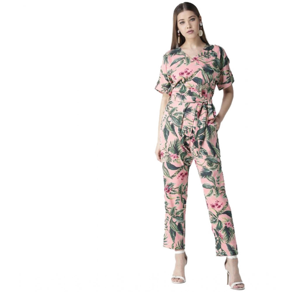 Snuggle Spot Women's Polyester Floral Half Sleeve Jumpsuit (Pink)
