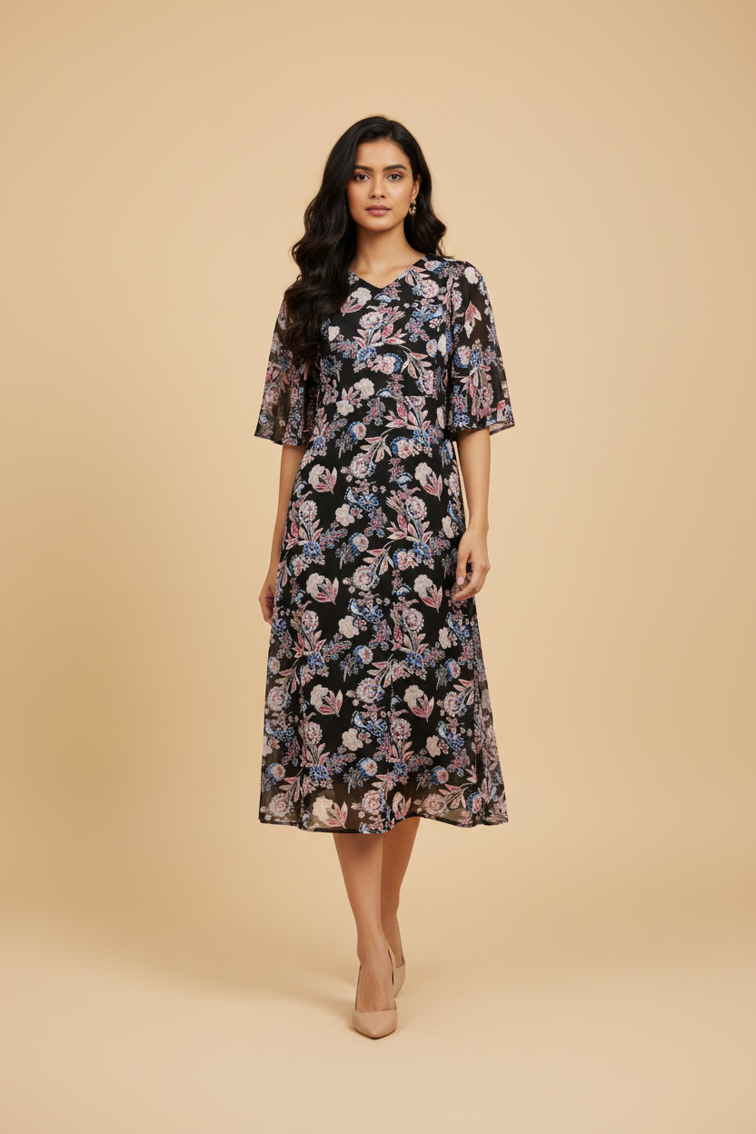 Snuggle Spot Women's Polyester Chain Print Cap Sleeve Calf-length Dress (Multicolor)