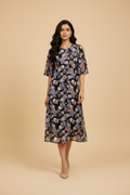 Snuggle Spot Women's Polyester Chain Print Cap Sleeve Calf-length Dress (Multicolor)