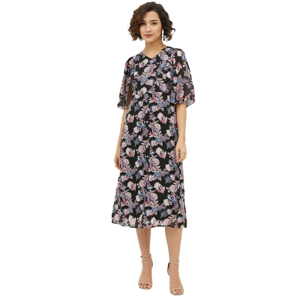 Snuggle Spot Women's Polyester Chain Print Cap Sleeve Calf-length Dress (Multicolor)