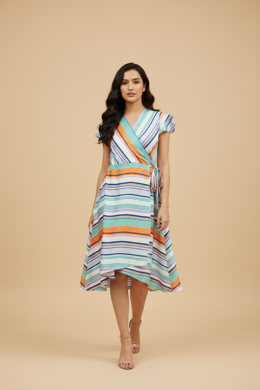 Snuggle Spot Women's Satin Striped Short Sleeve Knee-Length Dress (Multicolor)