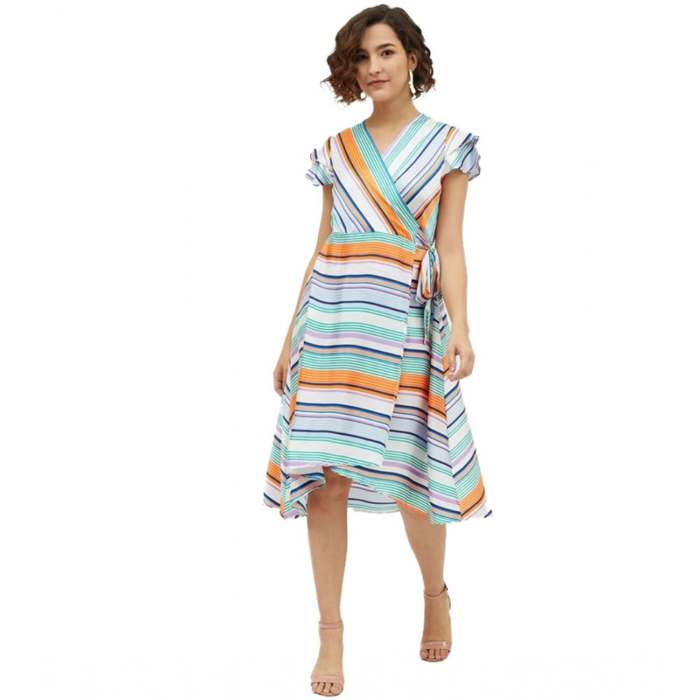 Snuggle Spot Women's Satin Striped Short Sleeve Knee-Length Dress (Multicolor)