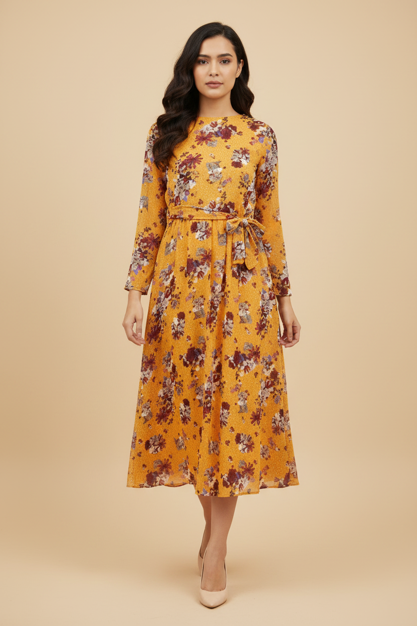 Snuggle Spot Women's Polyester Floral Long Sleeves Calf-length Dress (Multicolor)