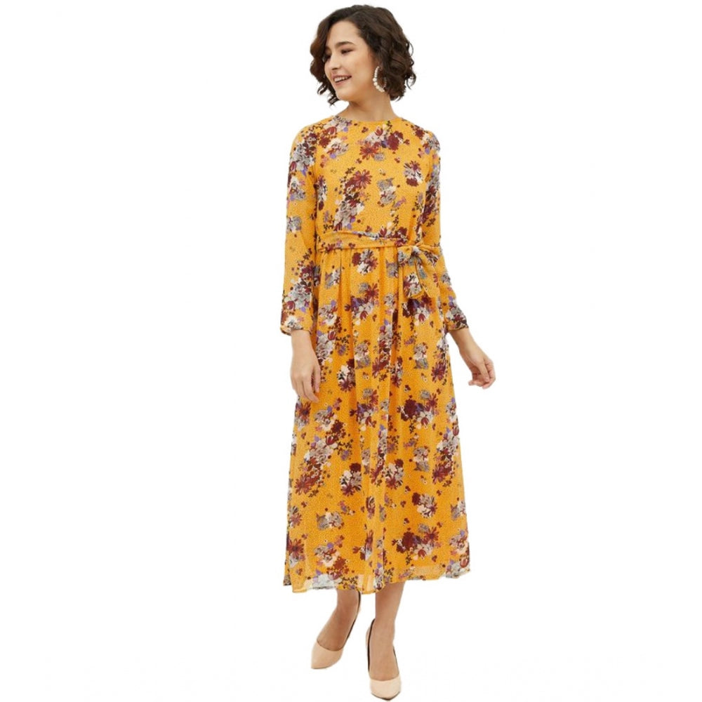 Snuggle Spot Women's Polyester Floral Long Sleeves Calf-length Dress (Multicolor)