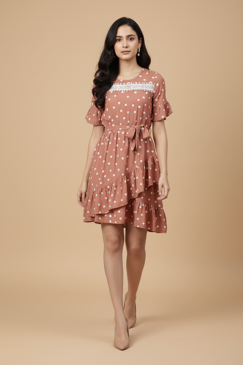 Snuggle Spot Women's Polyester Polka Bell Sleeve Above Knee Dress (Brown)