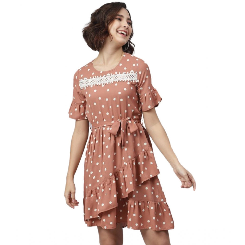 Snuggle Spot Women's Polyester Polka Bell Sleeve Above Knee Dress (Brown)