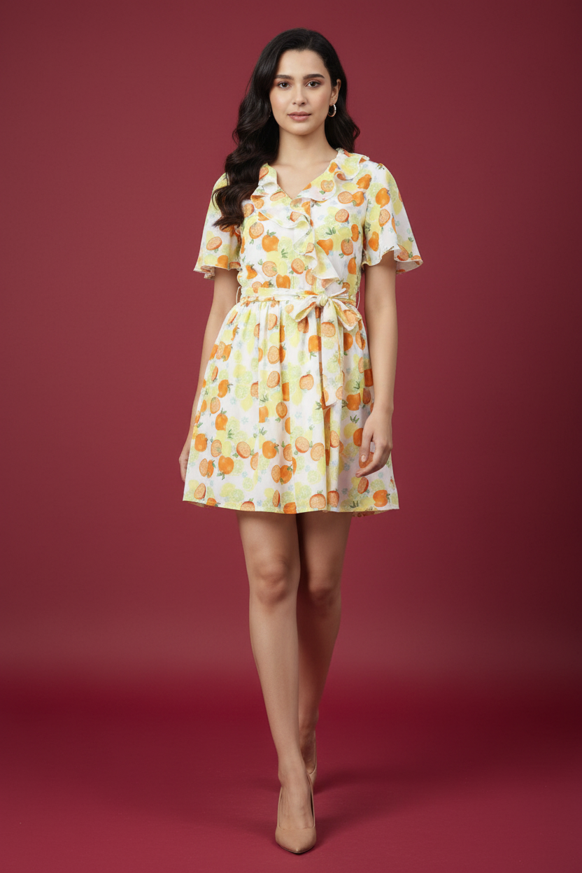Snuggle Spot Women's Polyester Printed Flutter Above Knee Dress (Yellow - Orange)