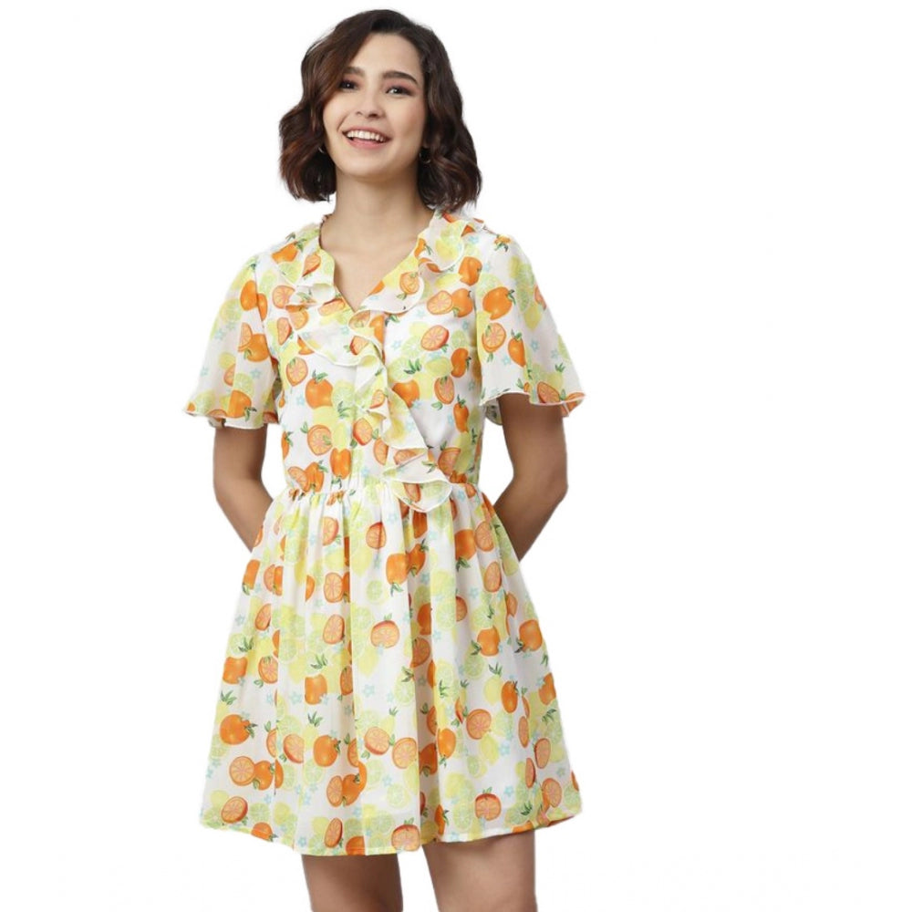 Snuggle Spot Women's Polyester Printed Flutter Above Knee Dress (Yellow - Orange)