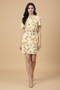 Snuggle Spot Women's Polyester Printed Flutter Above Knee Dress (Orange - Yellow)