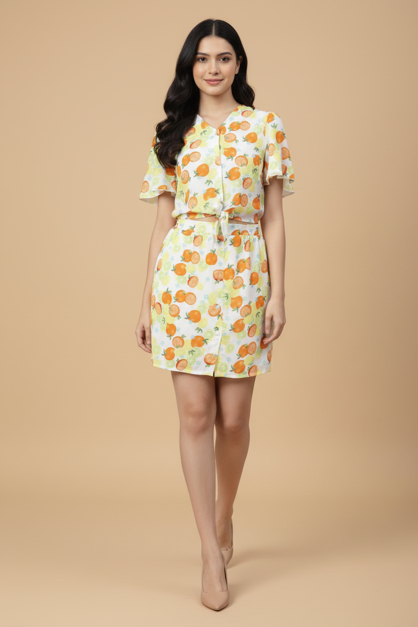 Snuggle Spot Women's Polyester Printed Flutter Above Knee Dress (Orange - Yellow)