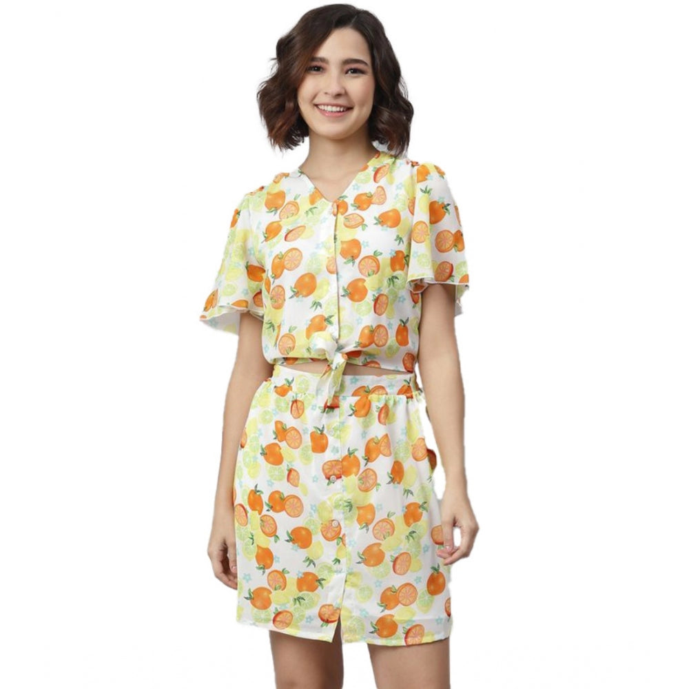 Snuggle Spot Women's Polyester Printed Flutter Above Knee Dress (Orange - Yellow)