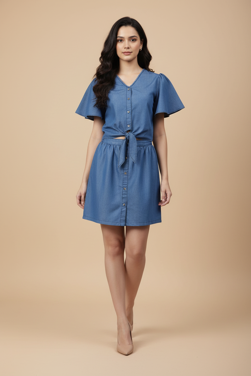 Snuggle Spot Women's Denim Solid Flutter Above Knee Dress (Blue)