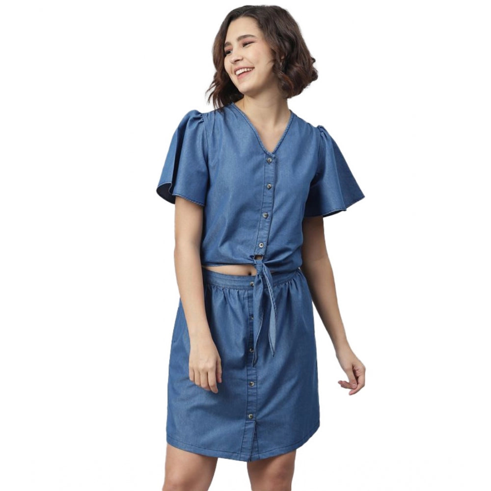 Snuggle Spot Women's Denim Solid Flutter Above Knee Dress (Blue)