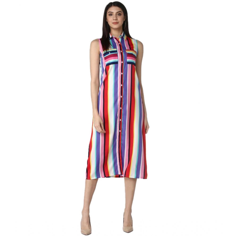 Snuggle Spot Women's Polyester Striped Sleeveless Calf-length Dress (Multicolor)