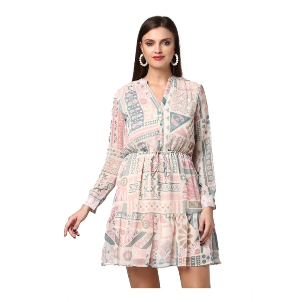 Snuggle Spot Women's Polyester Printed Long Sleeves Above Knee Dress (Light Pink - Off White)