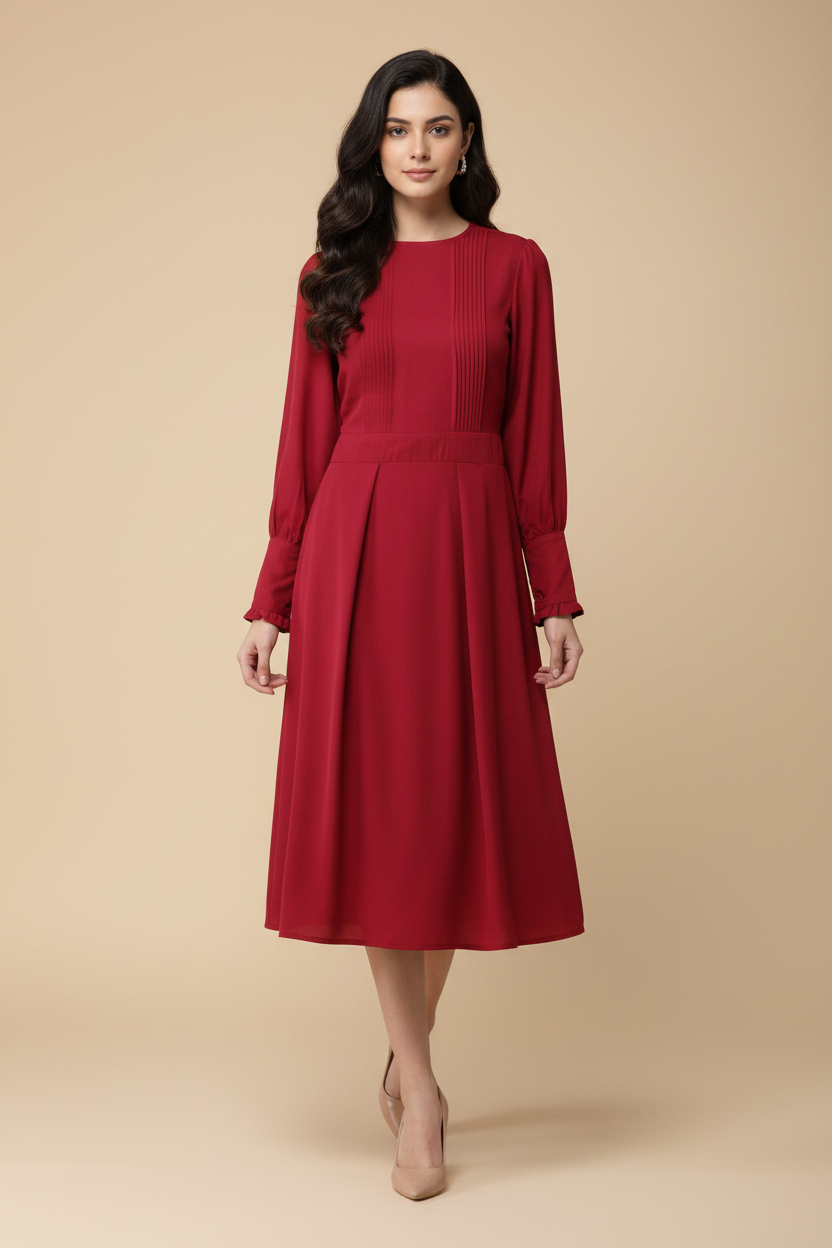 Snuggle Spot Women's Polyester Pintuck Long Sleeves Below Knee Dress (Red)