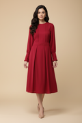 Snuggle Spot Women's Polyester Pintuck Long Sleeves Below Knee Dress (Red)