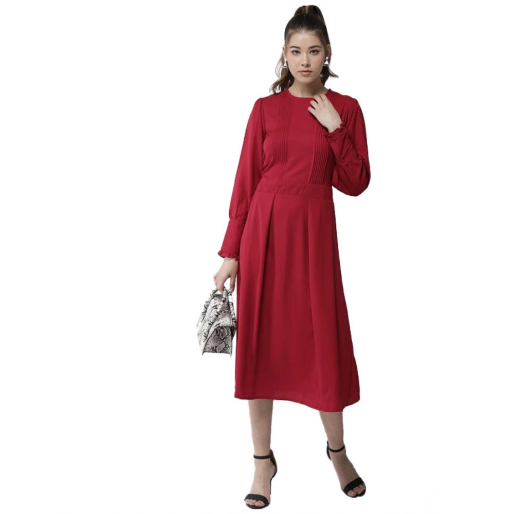 Snuggle Spot Women's Polyester Pintuck Long Sleeves Below Knee Dress (Red)