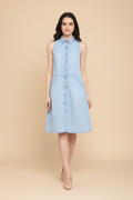 Snuggle Spot Women's Denim Solid Sleeveless Below Knee Dress (Blue)
