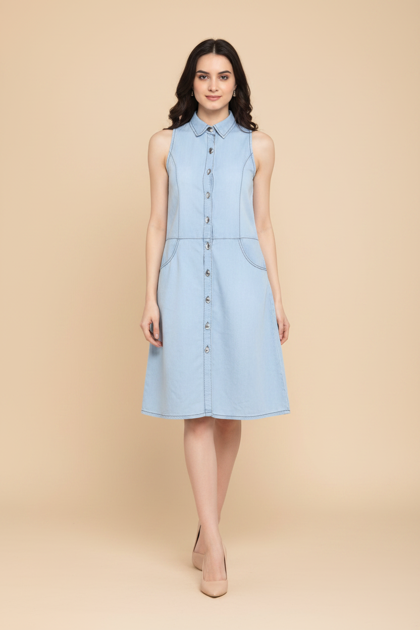 Snuggle Spot Women's Denim Solid Sleeveless Below Knee Dress (Blue)