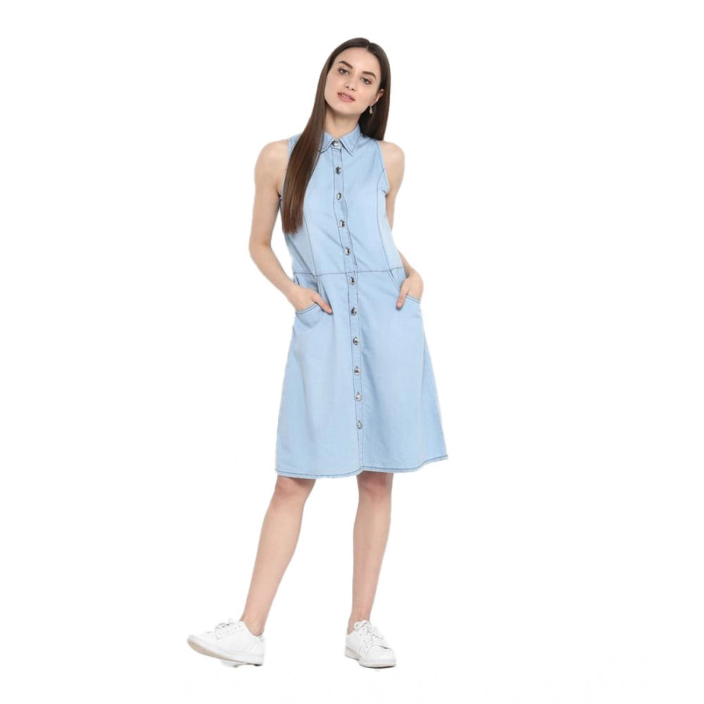 Snuggle Spot Women's Denim Solid Sleeveless Below Knee Dress (Blue)