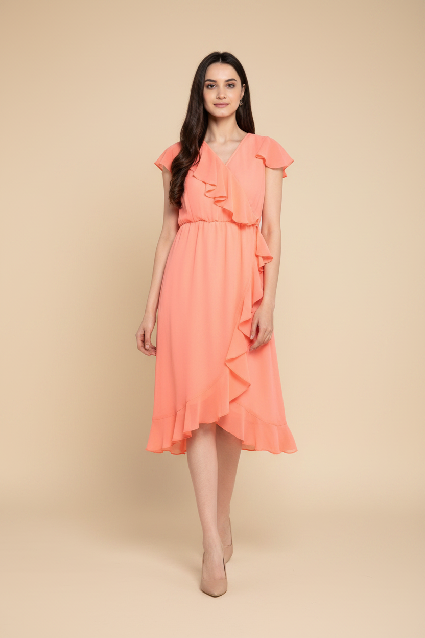 Snuggle Spot Women's Polyester Ruffled Cap Sleeve Below Knee Dress (Neon Pink)