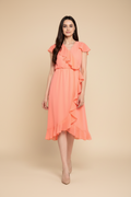 Snuggle Spot Women's Polyester Ruffled Cap Sleeve Below Knee Dress (Neon Pink)