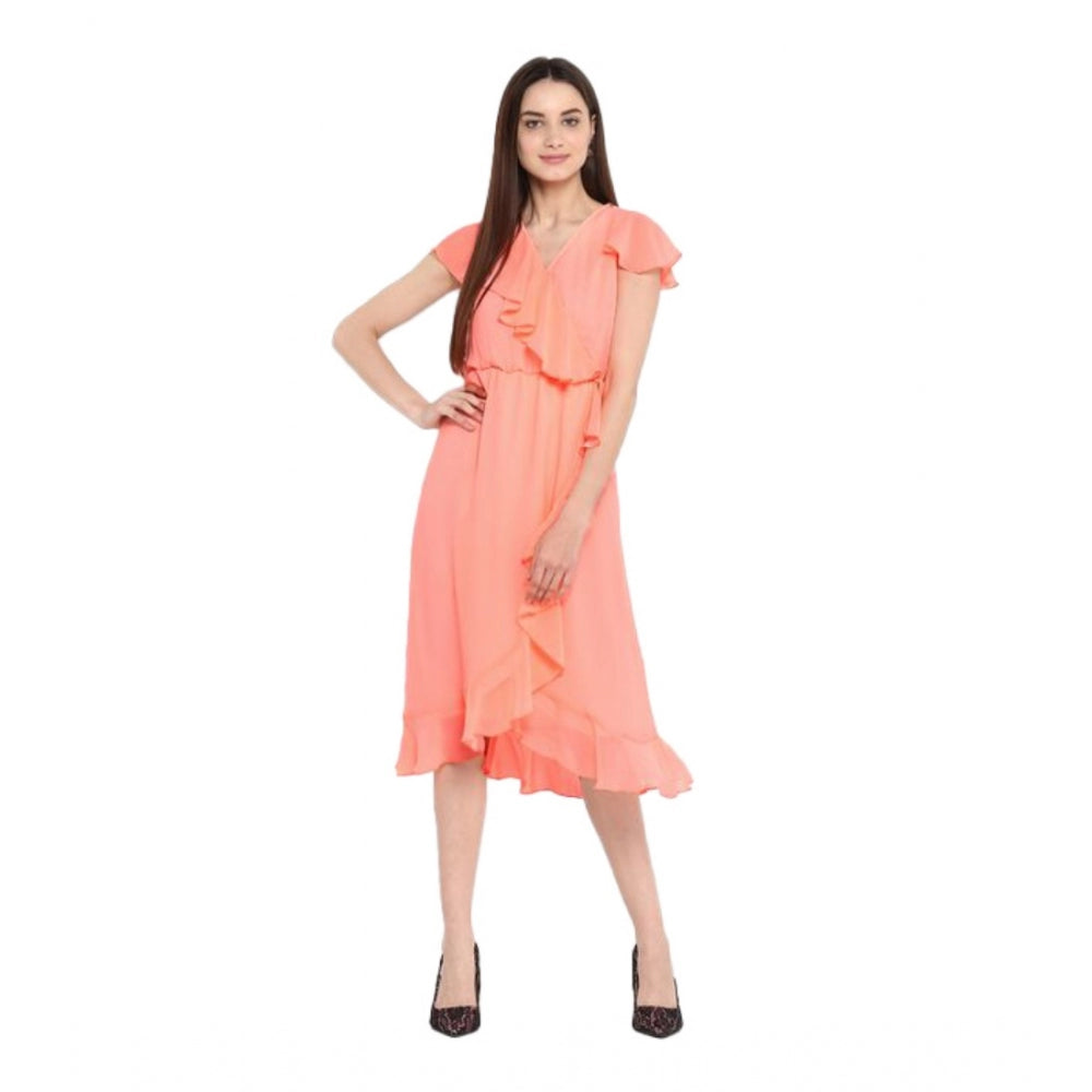 Snuggle Spot Women's Polyester Ruffled Cap Sleeve Below Knee Dress (Neon Pink)