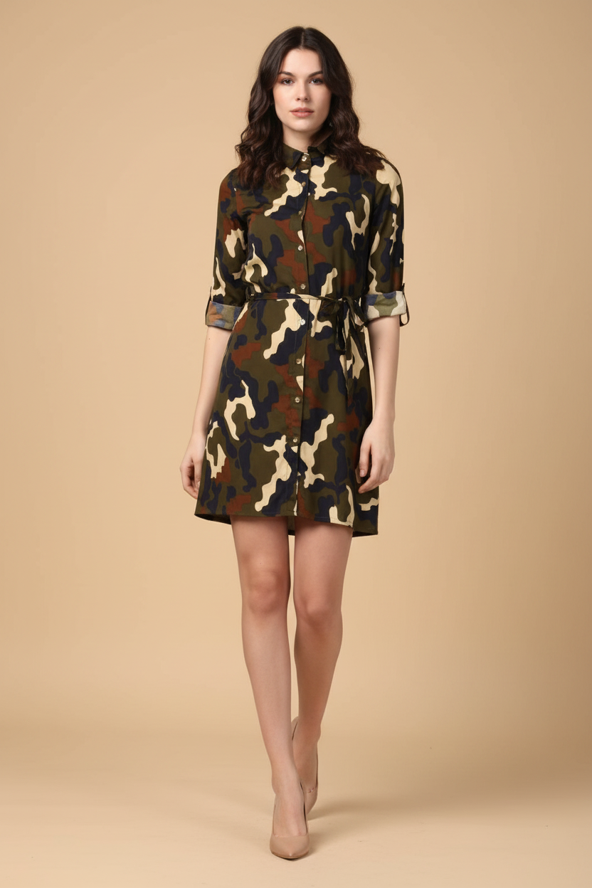 Snuggle Spot Women's Polyester Printed Roll Up Sleeve Tunic Top (Green - Black)