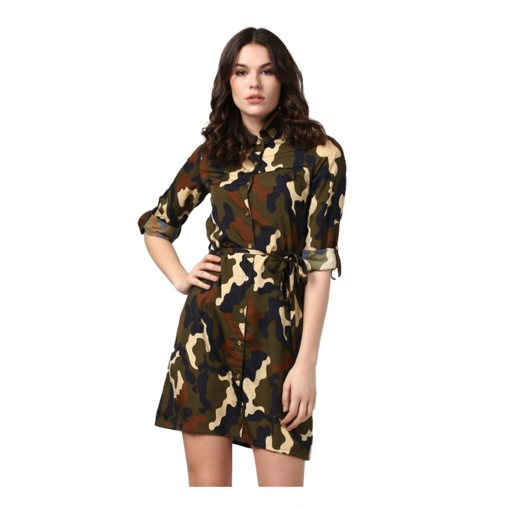 Snuggle Spot Women's Polyester Printed Roll Up Sleeve Tunic Top (Green - Black)