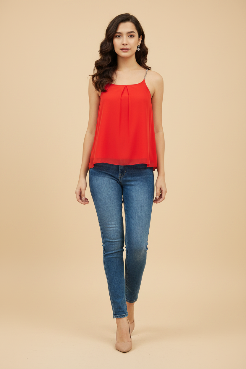 Snuggle Spot Women's Polyester Embellished Shoulder Straps Top (Red)