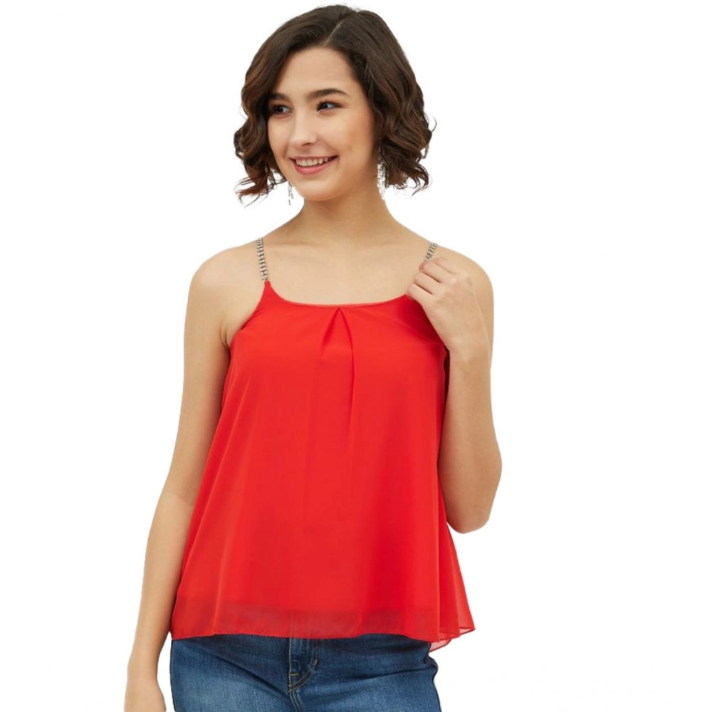 Snuggle Spot Women's Polyester Embellished Shoulder Straps Top (Red)