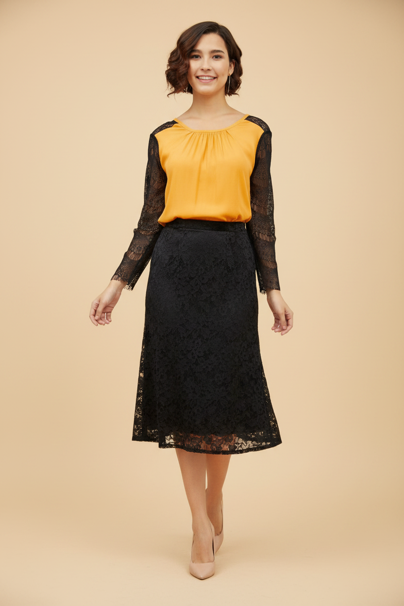 Snuggle Spot Women's Rayon Lace Inserts Long Sleeves Top (Yellow)